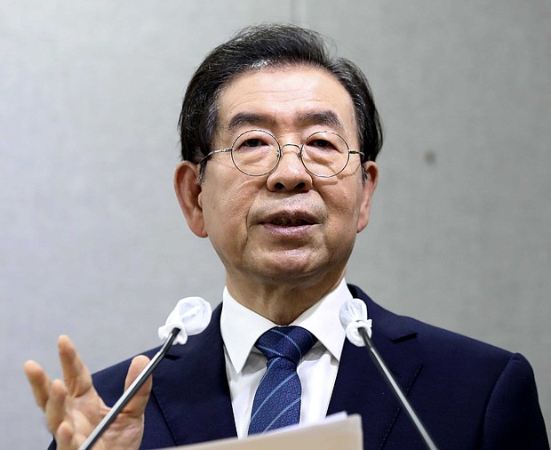 Seoul mayor Park Won-soon at a press conference on Wednesday, July 8./Credit:	Cheon Jin-hwan/Newsis/AP
