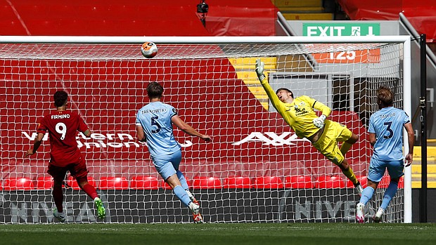 Nick Pope is beaten by Andy Robertson's header, but the Burnley keeper's performance was key to the Clarets taking a point away from Anfield./Credit:	Clive Brunskill/Getty Images Europe/Getty Images