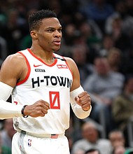 Russell Westbrook #0 of the Houston Rockets reacts during the second half of the game against the Boston Celtics  at TD Garden on February 29, 2020 in Boston, Massachusetts./Credit:	Maddie Meyer/Getty Images