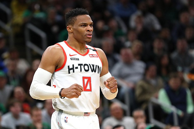 Russell Westbrook #0 of the Houston Rockets reacts during the second half of the game against the Boston Celtics  at TD Garden on February 29, 2020 in Boston, Massachusetts./Credit:	Maddie Meyer/Getty Images