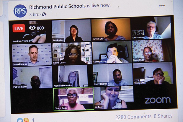 Members of the Richmond school Board prepare to vote on a reopening plan for the fall during a virtual meeting via Zoom on Tuesday night. The four-hour meeting was viewed by more than 17,000 people.