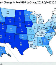 The U.S. Bureau of Economic Analysis map shows the percentage rate change in real GDP per state from the fourth quarter of 2019 to the first quarter of 2020.