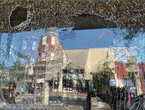 A large plate glass window at Au Bon Pain, 944 W. Grace St., was shattered during the spree of violence began Saturday night and continued into the early morning Sunday.