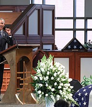 Former President Barack Obama speaks during the funeral for Rep. John Lewis, D-Ga., at Ebenezer Baptist Church in Atlanta, Thursday, July 30./Credit:	Alyssa Pointer/Atlanta Journal-Constitution via AP