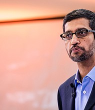Sundar Pichai, chief executive officer of Alphabet Inc., delivers a speech on artificial intelligence at the Bruegel European economic think tank in Brussels, Belgium, on Monday, Jan. 20, 2020./Credit:	Geert Vanden Wijngaert/Bloomberg/Getty Images