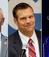 Rep. Lacy Clay (left) of Missouri, former Kansas Secretary of State Kris Kobach (center) and Rep. Rashida Tlaib (right) of Michigan face primaries on Aug. 4, 2020.
Credit:	Getty
