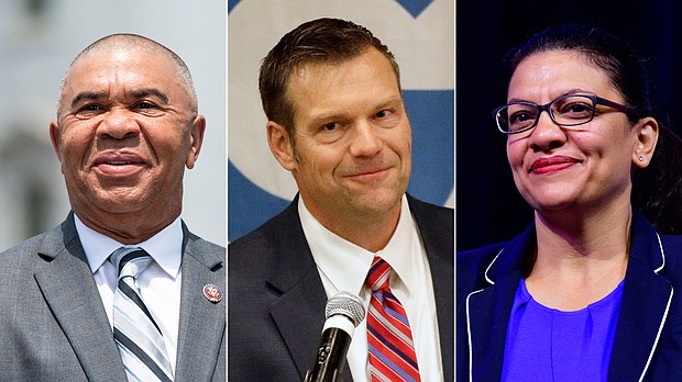Rep. Lacy Clay (left) of Missouri, former Kansas Secretary of State Kris Kobach (center) and Rep. Rashida Tlaib (right) of Michigan face primaries on Aug. 4, 2020.
Credit:	Getty