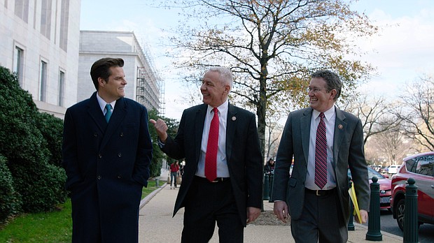 Reps. Matt Gaetz, Ken Buck and Thomas Massie are seen in HBO's 'The Swamp.'/Credit:	Courtesy of HBO