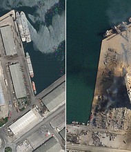 Satellite images, obtained by CNN from Planet Labs Inc., show a massive crater at the site of the explosion in Beirut's port./Credit:	Planet Labs, Inc.