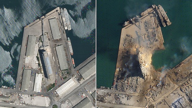 Satellite images, obtained by CNN from Planet Labs Inc., show a massive crater at the site of the explosion in Beirut's port./Credit:	Planet Labs, Inc.