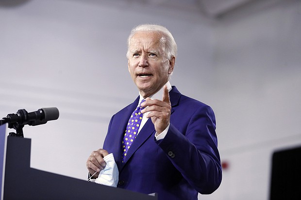 Democratic presidential candidate former Vice President Joe Biden speaks at a campaign event at the William "Hicks" Anderson Community Center in Wilmington, Delaware, on July 28, 2020./Credit:	Andrew Harnik/AP