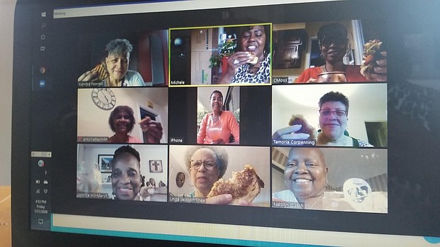 A Richmond sister-friends’ happy hour gathering captured on Zoom.