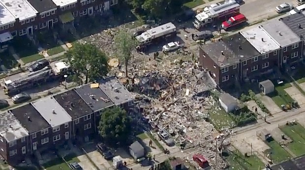 This photo from WJLA-TV shows the scene of an explosion in Baltimore on Monday./Credit:	WJLA-TV/AP