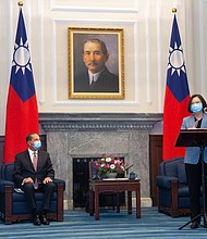 US Secretary of Health and Human Services Alex Azar (L) looks on as Taiwan's President Tsai Ing-wen (R) speaks during his visit to the Presidential Office in Taipei on August 10, 2020./Credit:	PEI CHEN/AFP/POOL/AFP via Getty Images