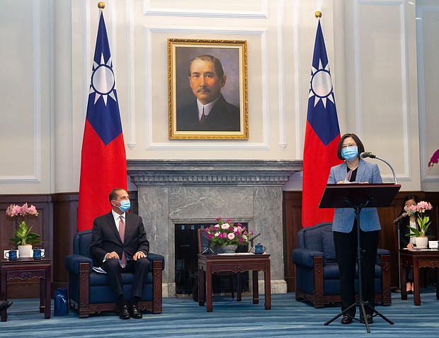 US Secretary of Health and Human Services Alex Azar (L) looks on as Taiwan's President Tsai Ing-wen (R) speaks during his visit to the Presidential Office in Taipei on August 10, 2020./Credit:	PEI CHEN/AFP/POOL/AFP via Getty Images