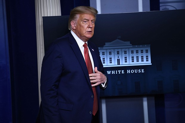 US President Donald Trump arrives to speak to the press in the Brady Briefing Room of the White House in Washington, DC, on August 10, 2020. (Photo by Brendan Smialowski / AFP) (Photo by BRENDAN SMIALOWSKI/AFP via Getty Images)/Credit:	Brendan Smialowski/AFP/Getty Images