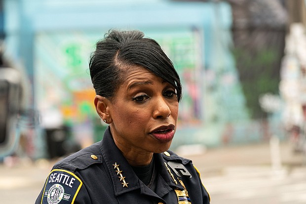 Seattle Police Chief Carmen Best holds a press conference outside of the departments vacated East Precinct./Credit:	David Ryder/Getty Images