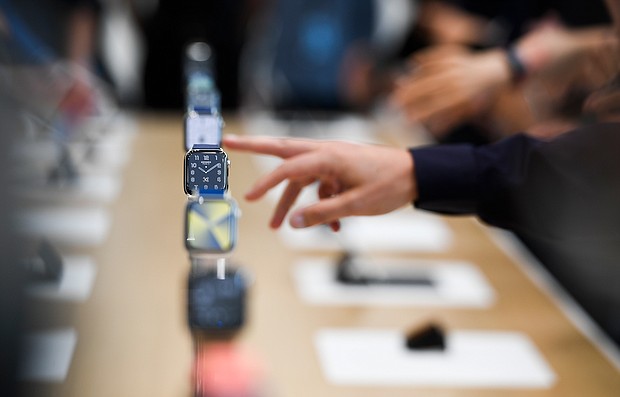 The new Apple Watch Series 5 is displayed at the demonstration area during an Apple launch event on September 10, 2019 in Cupertino, California. Apple unveiled several new products including iPhone 11, iPhone 11 Pro, Apple Watch Series 5 and an updated iPad./Credit:	Qi Heng/VCG via Getty Images