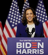 Democratic vice presidential candidate sen. Kamala Harris speaks at a campaign event Wednesday in Wilmington, Del. It was her first joint appearance with presidential candidate Joe Biden after being named as his running mate.