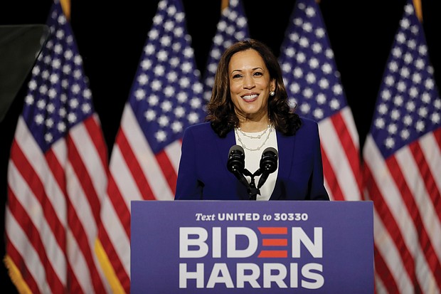 Democratic vice presidential candidate sen. Kamala Harris speaks at a campaign event Wednesday in Wilmington, Del. It was her first joint appearance with presidential candidate Joe Biden after being named as his running mate.