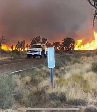 A wildfire at a national preserve near the Nevada-California border has reached 16,000 acres, according to the San Bernardino County Fire District./Credit:	KVVU via SBCFD