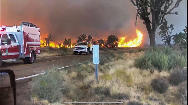 A wildfire at a national preserve near the Nevada-California border has reached 16,000 acres, according to the San Bernardino County Fire District./Credit:	KVVU via SBCFD