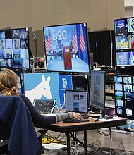 The control room where live feeds are managed is in operation for the first night of the virtual DNC convention at the Wisconsin Center on August 17, 2020 in Milwaukee, Wisconsin. The convention, which was once expected to draw 50,000 people to the city, is now taking place virtually due to concerns with the coronavirus pandemic./Credit: Scott Olson/Getty Images