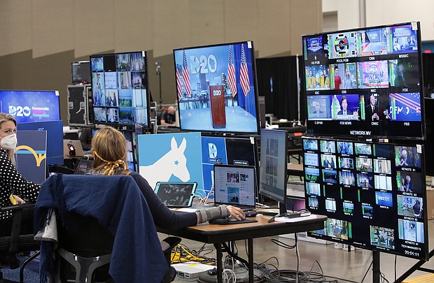 The control room where live feeds are managed is in operation for the first night of the virtual DNC convention at the Wisconsin Center on August 17, 2020 in Milwaukee, Wisconsin. The convention, which was once expected to draw 50,000 people to the city, is now taking place virtually due to concerns with the coronavirus pandemic./Credit: Scott Olson/Getty Images