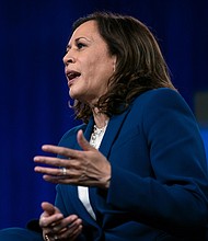 Sen. Kamala Harris, D-Calif., speaks during a virtual grassroots fundraiser at the Hotel DuPont in Wilmington, Del., Wednesday, Aug. 12, 2020./Credit: Carolyn Kaster/AP