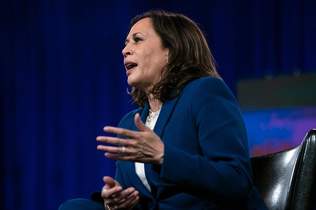 Sen. Kamala Harris, D-Calif., speaks during a virtual grassroots fundraiser at the Hotel DuPont in Wilmington, Del., Wednesday, Aug. 12, 2020./Credit:	Carolyn Kaster/AP