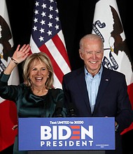 Democratic presidential candidate former Vice President Joe Biden addresses supporters with his wife Dr. Jill Biden during his caucus night watch party on February 03, 2020 in Des Moines, Iowa./Credit: Justin Sullivan/Getty Images North America/Getty Images