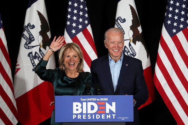 Democratic presidential candidate former Vice President Joe Biden addresses supporters with his wife Dr. Jill Biden during his caucus night watch party on February 03, 2020 in Des Moines, Iowa./Credit:	Justin Sullivan/Getty Images North America/Getty Images