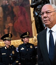 Colin Powell, who served in President George W. Bush's administration, is one of several Republicans featured at the Democratic convention this year. This image shows Powell arriving to pay his respects at the casket of the late former President George H.W. Bush as he lies in state at the U.S. Capitol, December 4, 2018 in Washington, DC./Credit: Drew Angerer/Getty Images