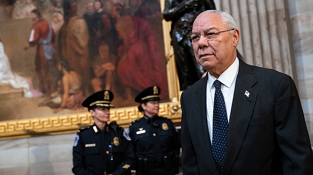 Colin Powell, who served in President George W. Bush's administration, is one of several Republicans featured at the Democratic convention this year. This image shows Powell arriving to pay his respects at the casket of the late former President George H.W. Bush as he lies in state at the U.S. Capitol, December 4, 2018 in Washington, DC./Credit: Drew Angerer/Getty Images