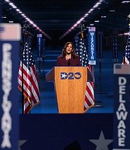 Democratic vice presidential nominee Sen. Kamala Harris speaks on the third night of the Democratic National Convention from the Chase Center August 19, 2020 in Wilmington, Delaware./Credit: Win McNamee/Getty Images
