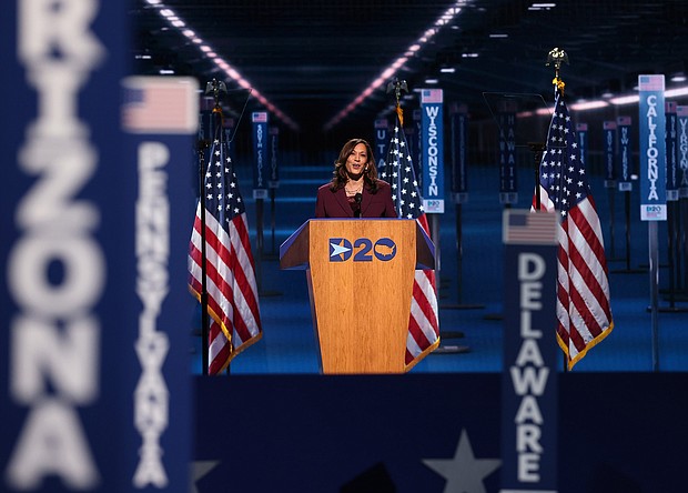Democratic vice presidential nominee Sen. Kamala Harris speaks on the third night of the Democratic National Convention from the Chase Center August 19, 2020 in Wilmington, Delaware./Credit:	Win McNamee/Getty Images