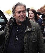 Steve Bannon and three others were charged with fraud in a border wall fundraising campaign. Seen here, the former White House senior counselor to President Donald Trump leaves the courthouse after he testified at the Roger Stone trial November 8, 2019 in Washington, DC./Credit:	Alex Wong/Getty Images