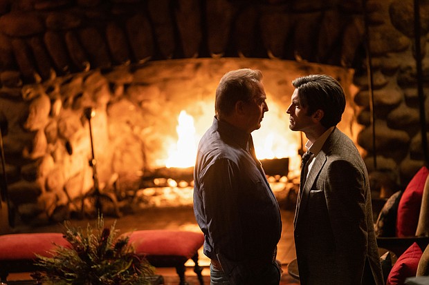 Kevin Costner as John Dutton and Wes Bentley as Jamie Dutton are seen on "Yellowstone."/Credit:	Danno Nell/Paramount Network