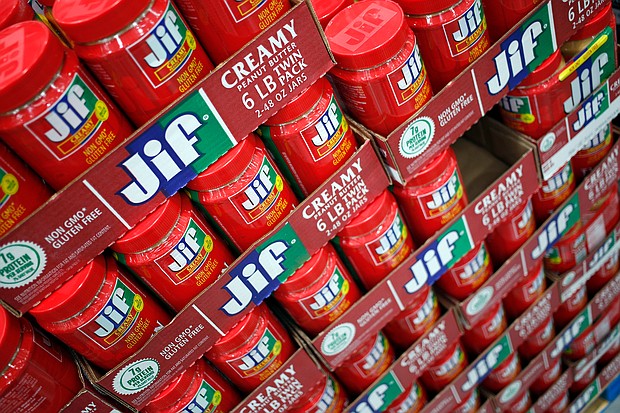 J.M. Smucker Co. Jif brand peanut butter displayed for sale. PB&J sandwiches have proven popular during the COVID-19 pandemic, resulting in double-digit sales increases for Jiff,/Credit:	Luke Sharrett/Bloomberg/Getty Images