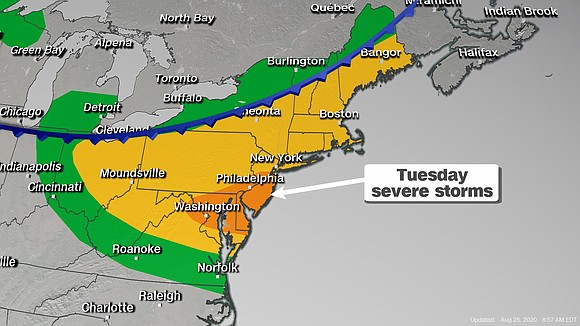 Over 70 million people are under the threat for severe weather across the Northeast and Mid-Atlantic on Tuesday.