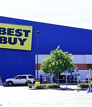 A near empty parking lot in front of a Best Buy store in Montebello, California on April 15, 2020 as the electronics nationwide chain store remains closed to customers but open for pickups./Credit:	Frederic J. Brown/AFP/Getty Images