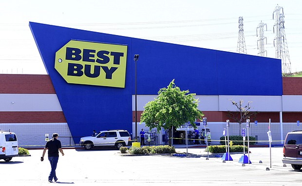 A near empty parking lot in front of a Best Buy store in Montebello, California on April 15, 2020 as the electronics nationwide chain store remains closed to customers but open for pickups./Credit: Frederic J. Brown/AFP/Getty Images