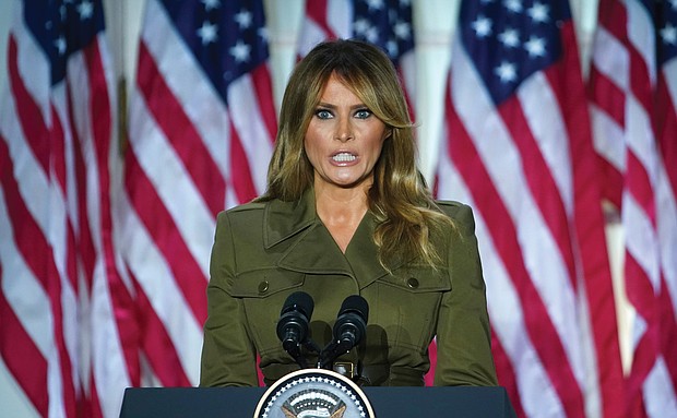 Melania Trump delivers her address Tuesday to a largely virtual 2020 Republican National Convention from the Rose Garden of the White House.