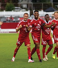Members of the Richmond Kickers, from left, Luke Pavone, Ivan Magalhães, Mutaya Mwape and Ryley Kraft.
