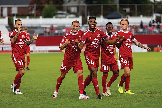 Members of the Richmond Kickers, from left, Luke Pavone, Ivan Magalhães, Mutaya Mwape and Ryley Kraft.