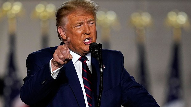 President Donald Trump speaks from the South Lawn of the White House on the fourth day of the Republican National Convention, Thursday, Aug. 27, 2020, in Washington./Credit:	Evan Vucci/AP