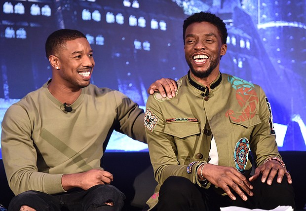 Actors Michael B. Jordan, left, and Chadwick Boseman attend the Marvel Studios' "Black Panther" Global Junket Press Conference on January 30, 2018, at Montage Beverly Hills in Beverly Hills, California./Credit:	Alberto E. Rodriguez/Getty Images