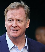 NFL Commissioner Roger Goodell looks on before Super Bowl LIV between the Kansas City Chiefs and the San Francisco 49ers at Hard Rock Stadium on February 02, 2020 in Miami, Florida. League Commissioner Roger Goodell walked members of the media through a series of social justice initiatives the league has planned in a call including helmet decals, a voter activation push, and phrases stenciled in the end zones./Credit:	Maddie Meyer/Getty Images