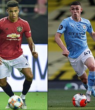 This combination of pictures created on September 07, 2020 shows Manchester United's Mason Greenwood (L) running with the ball during the International Champions Cup football tournament between English Premier League sides Manchester United and Tottenham at Hongkou Football Stadium in Shanghai on July 25, 2019, and Manchester City's English midfielder Phil Foden running with the ball during the English Premier League football match between Watford and Manchester City at Vicarage Road Stadium in Watford, north of London on July 21, 2020. - Phil Foden and Mason Greenwood have been sent home from England duty after breaching coronavirus rules, manager Gareth Southgate said on September 7, 2020. Southgate revealed Manchester City midfielder Foden and Manchester United forward Greenwood would not be travelling from Iceland to Denmark for Tuesday's Nations League match. (Photos by HECTOR RETAMAL and Adrian DENNIS / various sources / AFP) / RESTRICTED TO EDITORIAL USE. No use with unauthorized audio, video, data, fixture lists, club/league logos or 'live' services. Online in-match use limited to 120 images. An additional 40 images may be used in extra time. No video emulation. Social media in-match use limited to 120 images. An additional 40 images may be used in extra time. No use in betting publications, games or single club/league/player publications. /  (Photo by HECTOR RETAMAL,ADRIAN DENNIS/POOL/AFP via Getty Images)/Credit:	HECTOR RETAMAL/AFP/POOL/AFP via Getty Images