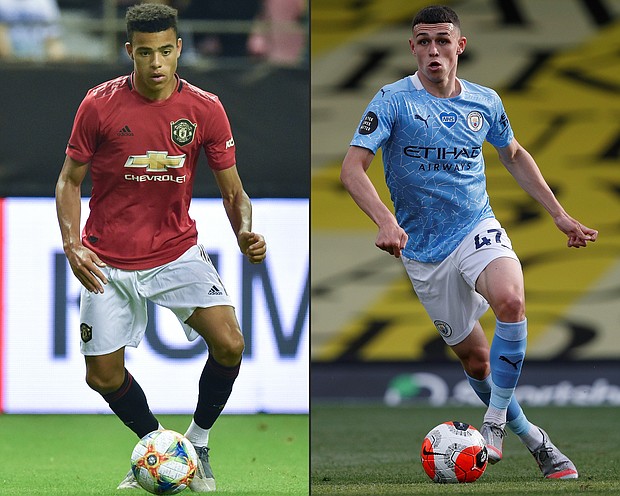 This combination of pictures created on September 07, 2020 shows Manchester United's Mason Greenwood (L) running with the ball during the International Champions Cup football tournament between English Premier League sides Manchester United and Tottenham at Hongkou Football Stadium in Shanghai on July 25, 2019, and Manchester City's English midfielder Phil Foden running with the ball during the English Premier League football match between Watford and Manchester City at Vicarage Road Stadium in Watford, north of London on July 21, 2020. - Phil Foden and Mason Greenwood have been sent home from England duty after breaching coronavirus rules, manager Gareth Southgate said on September 7, 2020. Southgate revealed Manchester City midfielder Foden and Manchester United forward Greenwood would not be travelling from Iceland to Denmark for Tuesday's Nations League match. (Photos by HECTOR RETAMAL and Adrian DENNIS / various sources / AFP) / RESTRICTED TO EDITORIAL USE. No use with unauthorized audio, video, data, fixture lists, club/league logos or 'live' services. Online in-match use limited to 120 images. An additional 40 images may be used in extra time. No video emulation. Social media in-match use limited to 120 images. An additional 40 images may be used in extra time. No use in betting publications, games or single club/league/player publications. /  (Photo by HECTOR RETAMAL,ADRIAN DENNIS/POOL/AFP via Getty Images)/Credit:	HECTOR RETAMAL/AFP/POOL/AFP via Getty Images